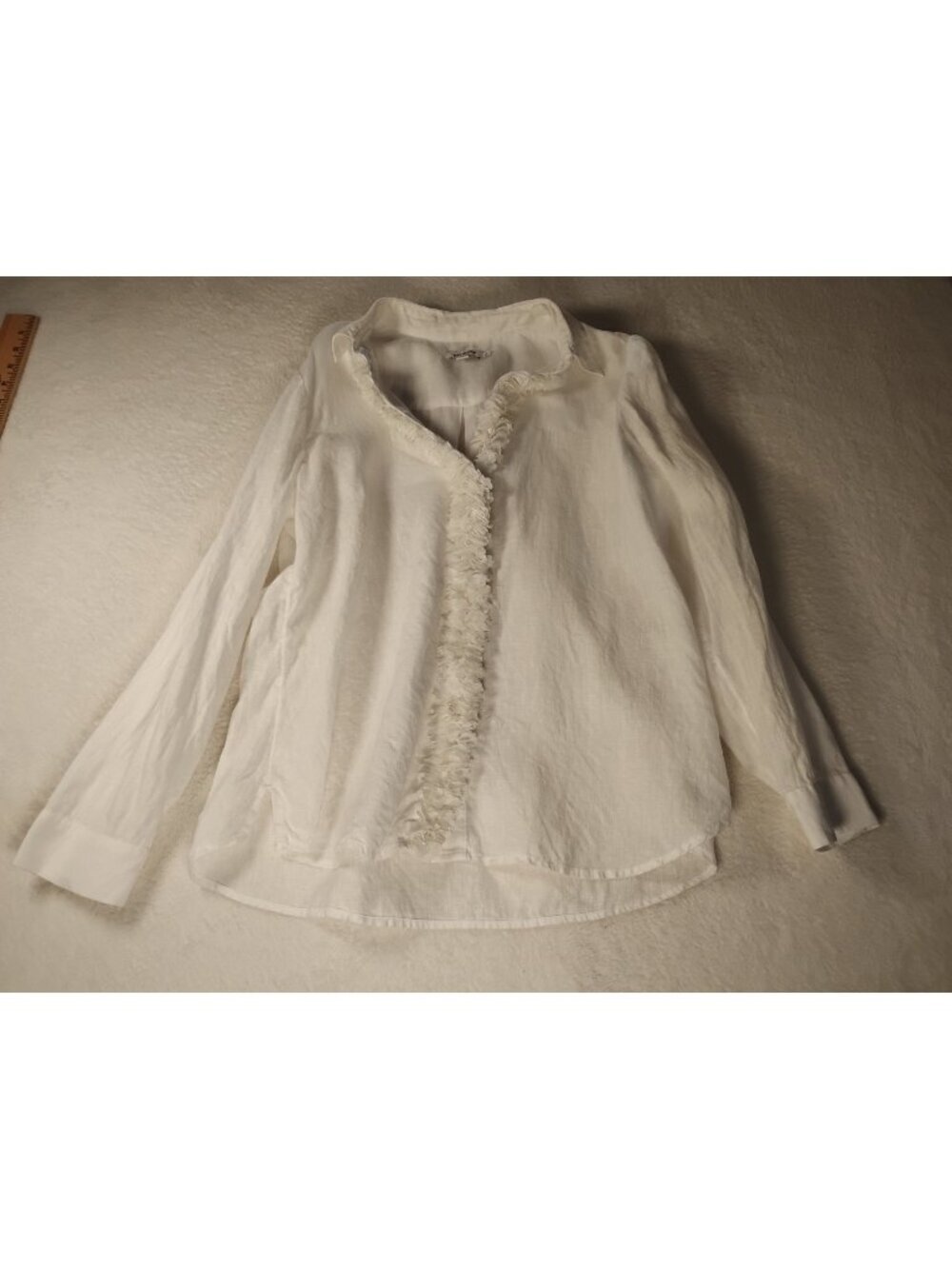 Chicos Linen Blouse Long Sleeve Ruffle Front Summer Event Party Size 8 White